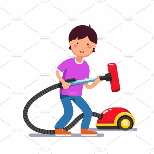 Boy kid holding electric vacuum cleaner pipe cover image.