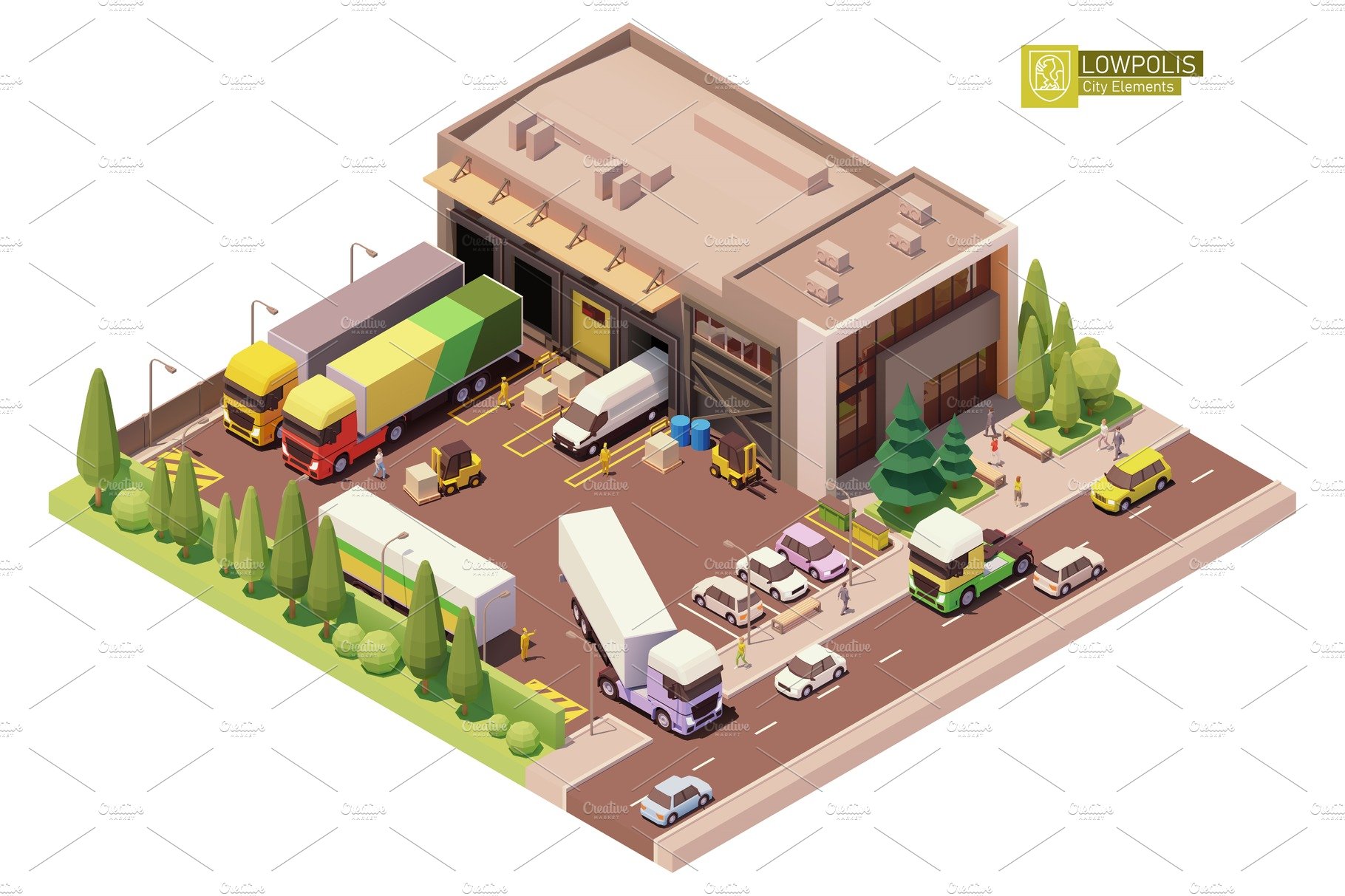 Vector isometric warehouse building cover image.