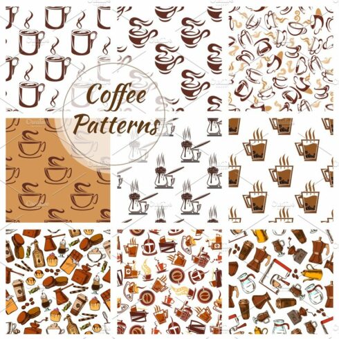 Coffee vector seamless patterns set cover image.