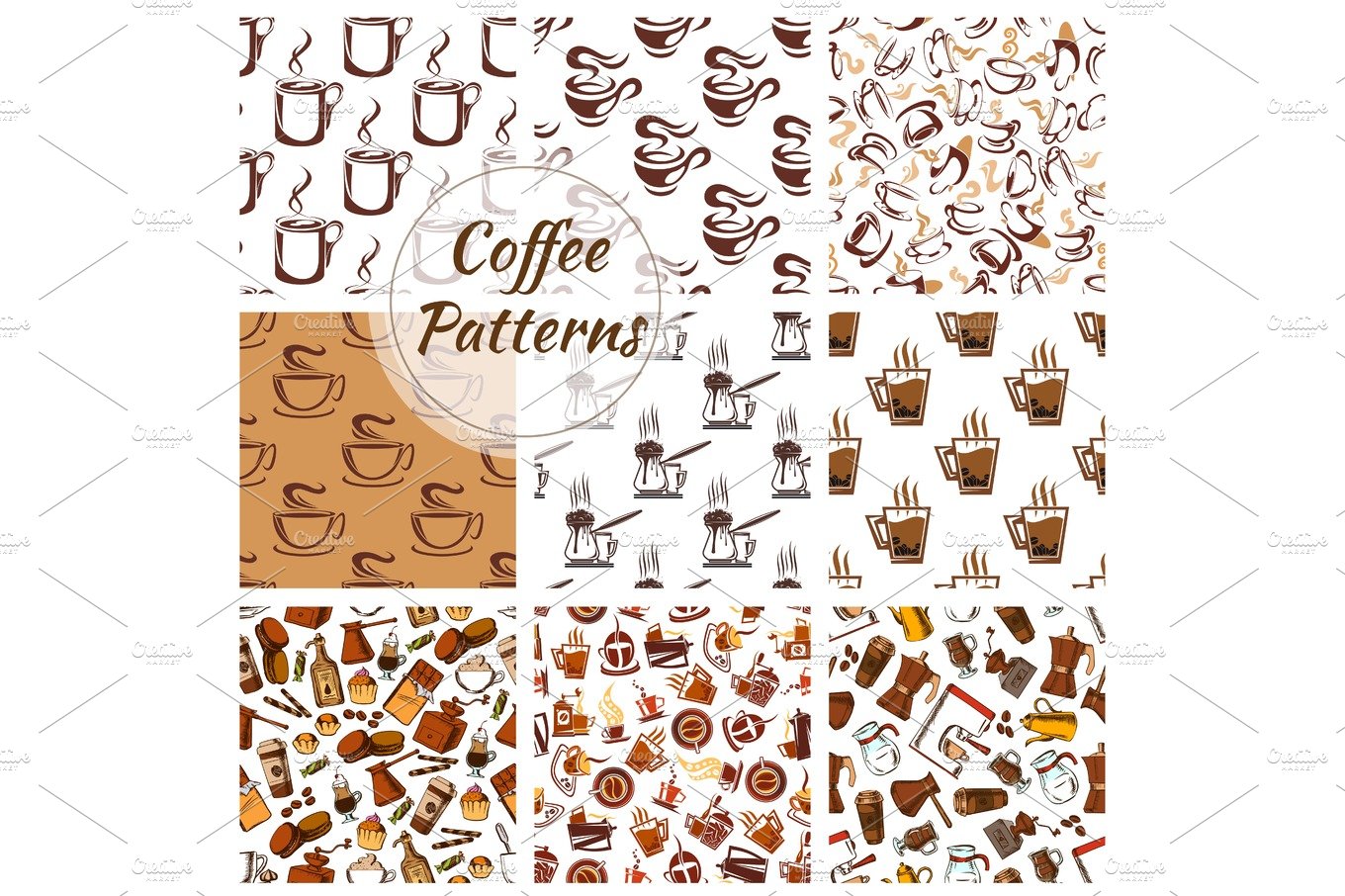Coffee vector seamless patterns set cover image.