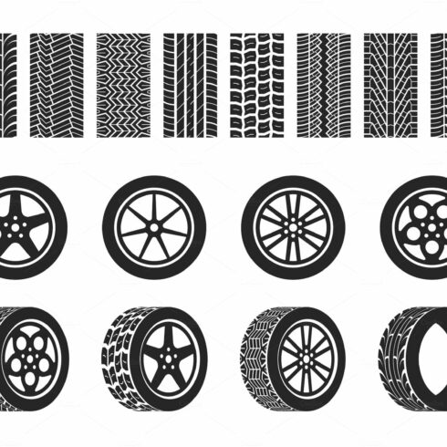 Wheel tires. Car tire tread tracks cover image.