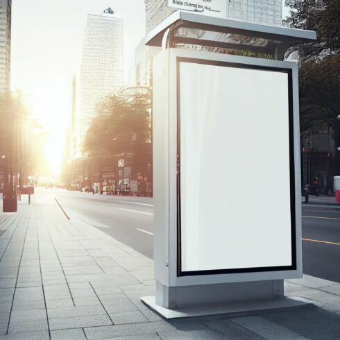 Blank street billboard poster stand mock up in downtown bus stop with city ... cover image.