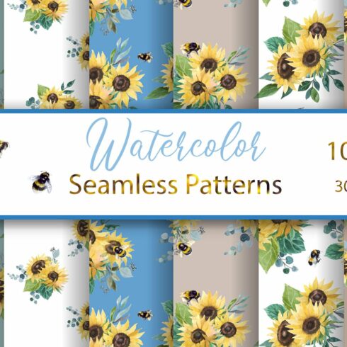 Watercolor bees seamless patterns cover image.