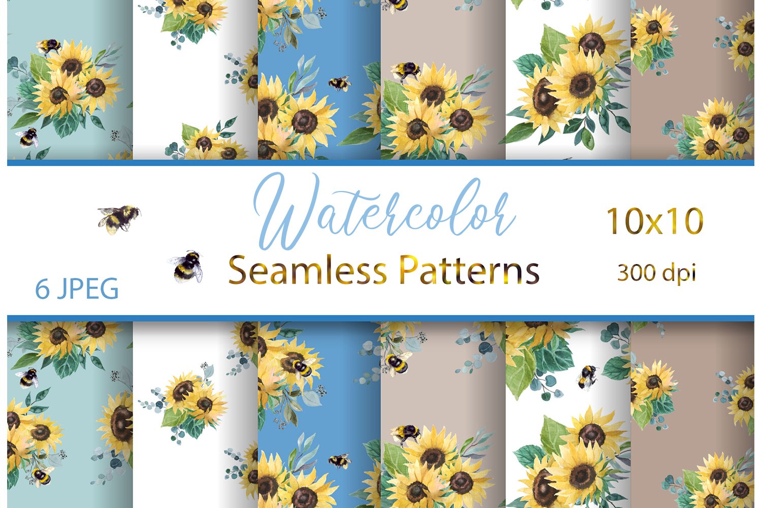 Watercolor bees seamless patterns cover image.