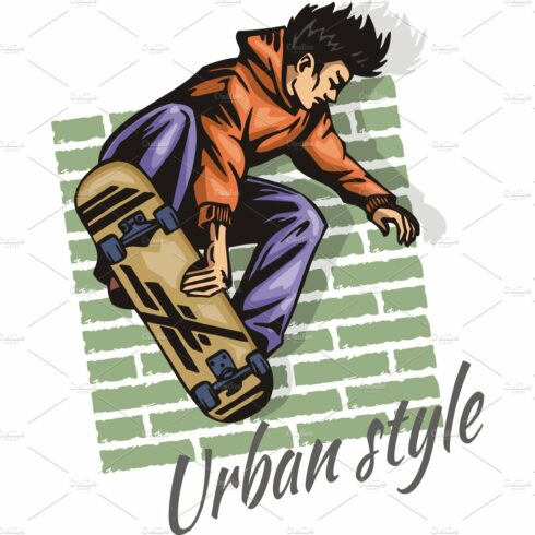 Jump on a skateboard - vector color cover image.