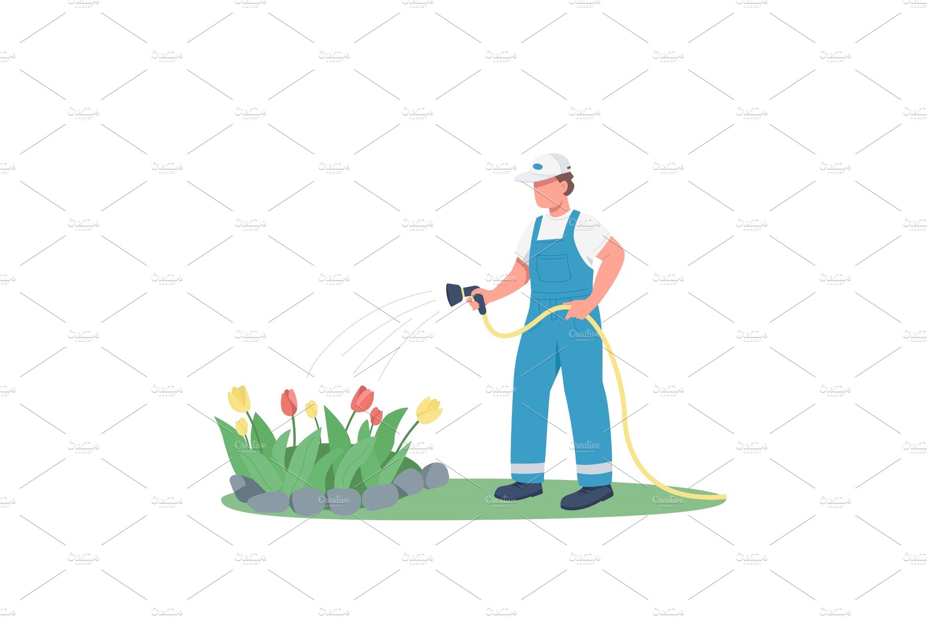 Gardener watering flowerbed cover image.