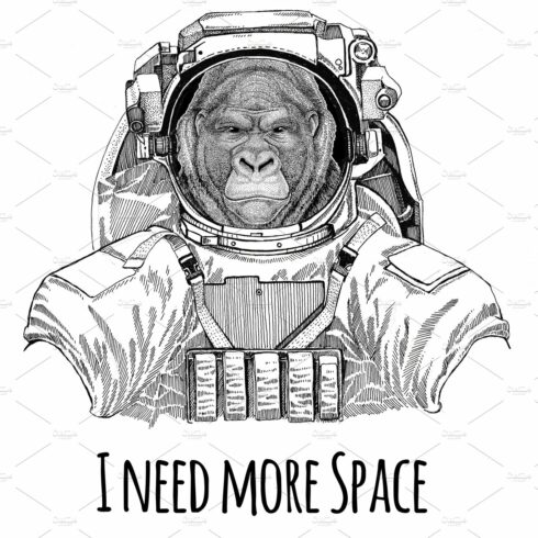 Gorilla, monkey, ape Frightful animal wearing space suit Wild animal astron... cover image.