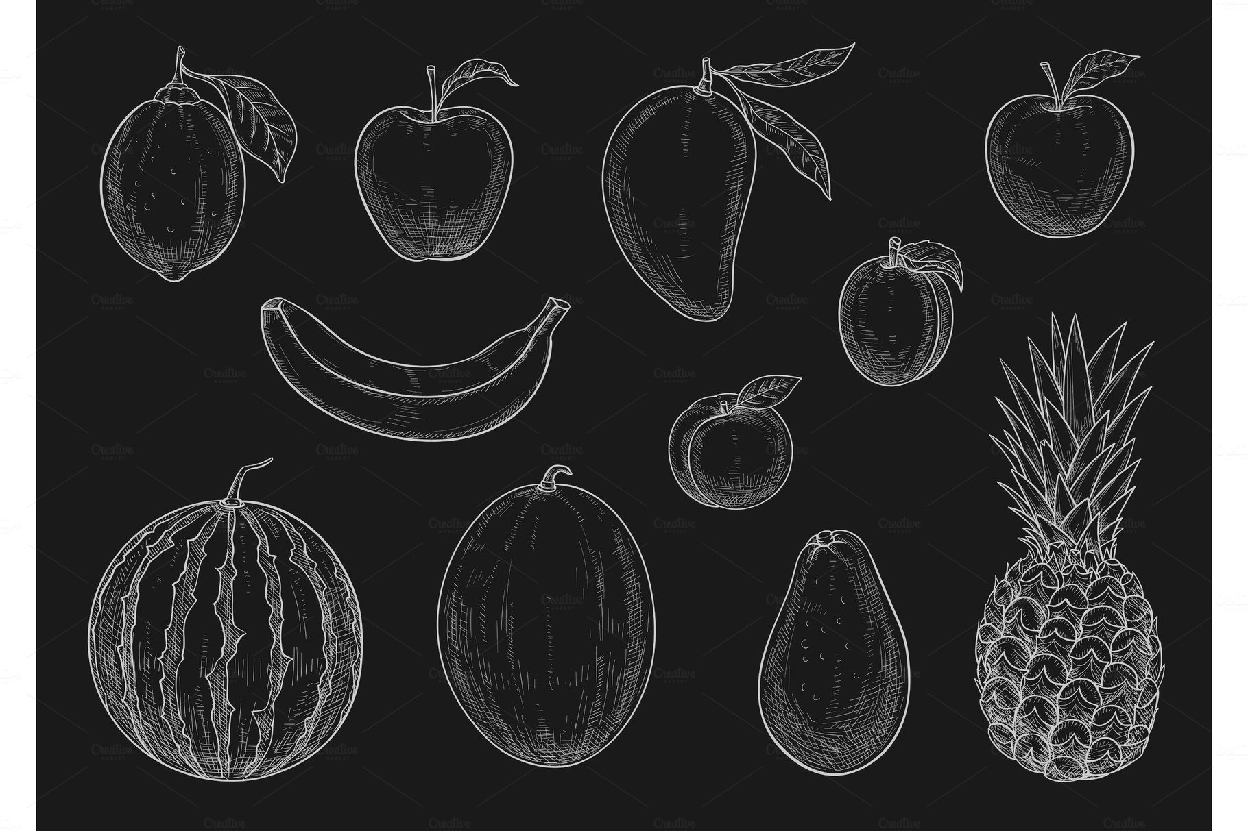 Vector chalk sketch tropical exotic garden fruits cover image.