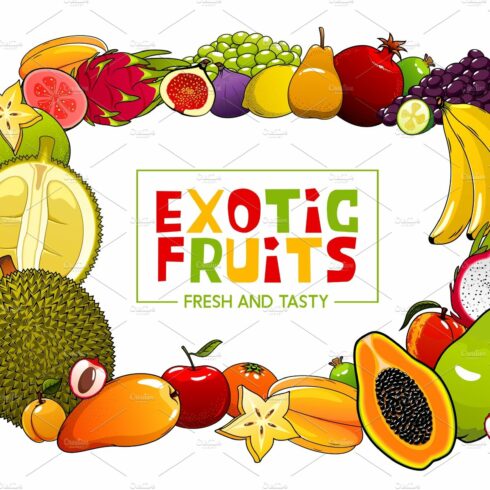 Frame of exotic tropical fruits cover image.