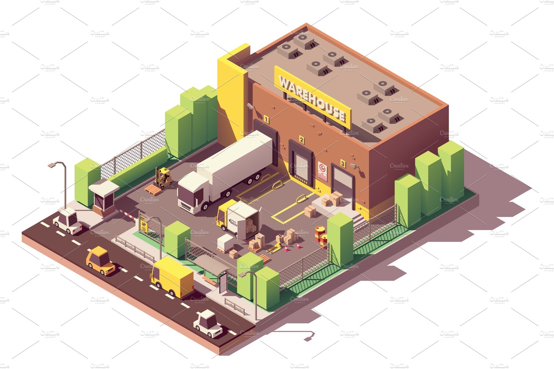 Vector isometric warehouse building cover image.