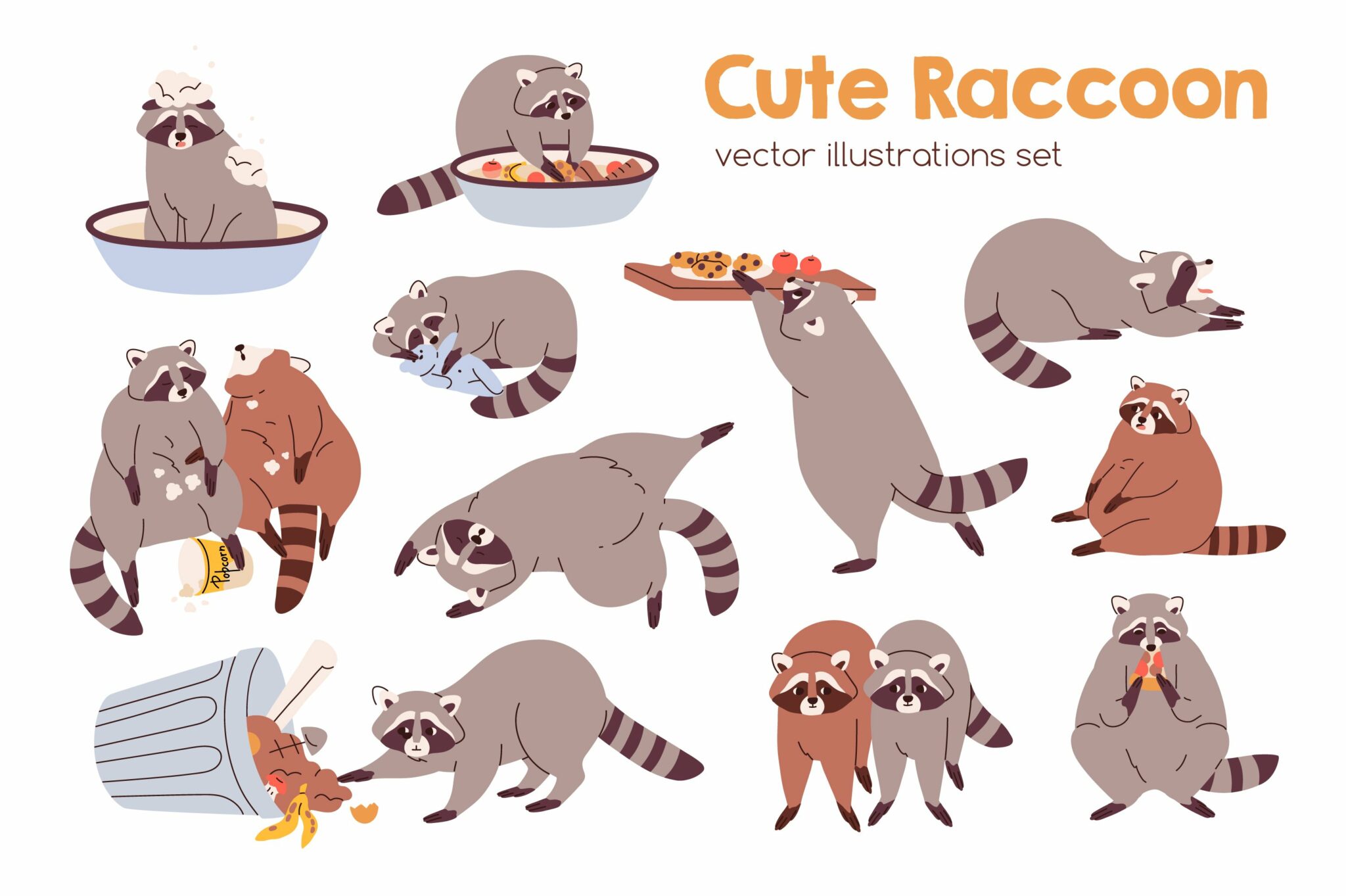 Cute funny cartoon raccoons set – MasterBundles