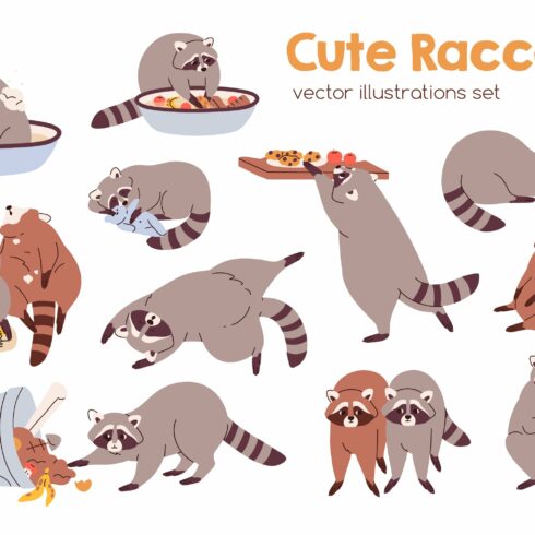 Cute funny cartoon raccoons set cover image.