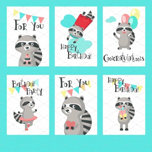 Raccoon birthday cards vector cover image.