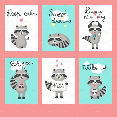 Cute raccoon cards vector template cover image.