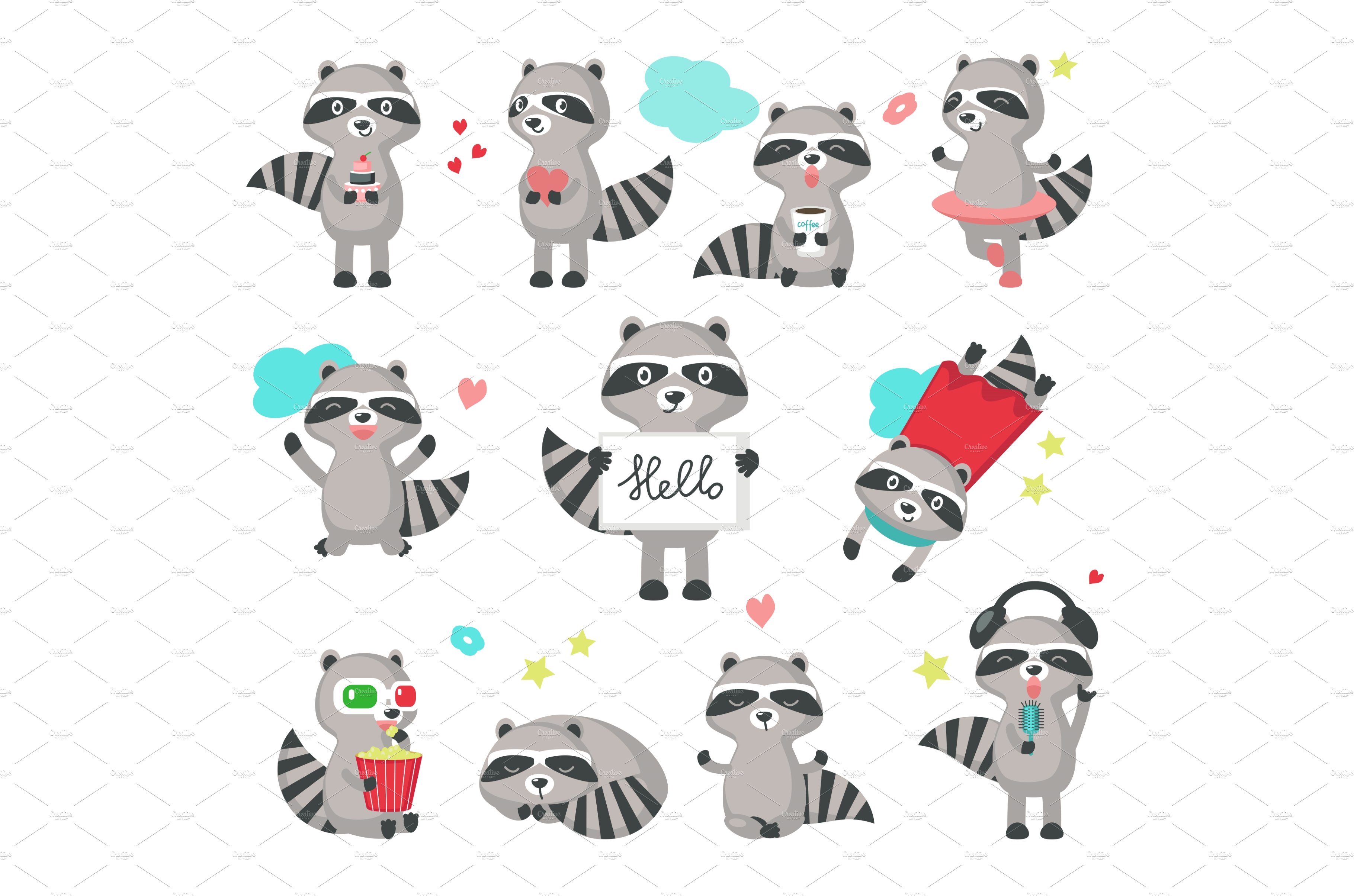 cute raccoon illustrations set. set of cute chibi raccoon icons. funny raccoon  stickers collection. Stock Illustration