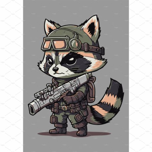 Angry wild raccoon with gun vector cover image.