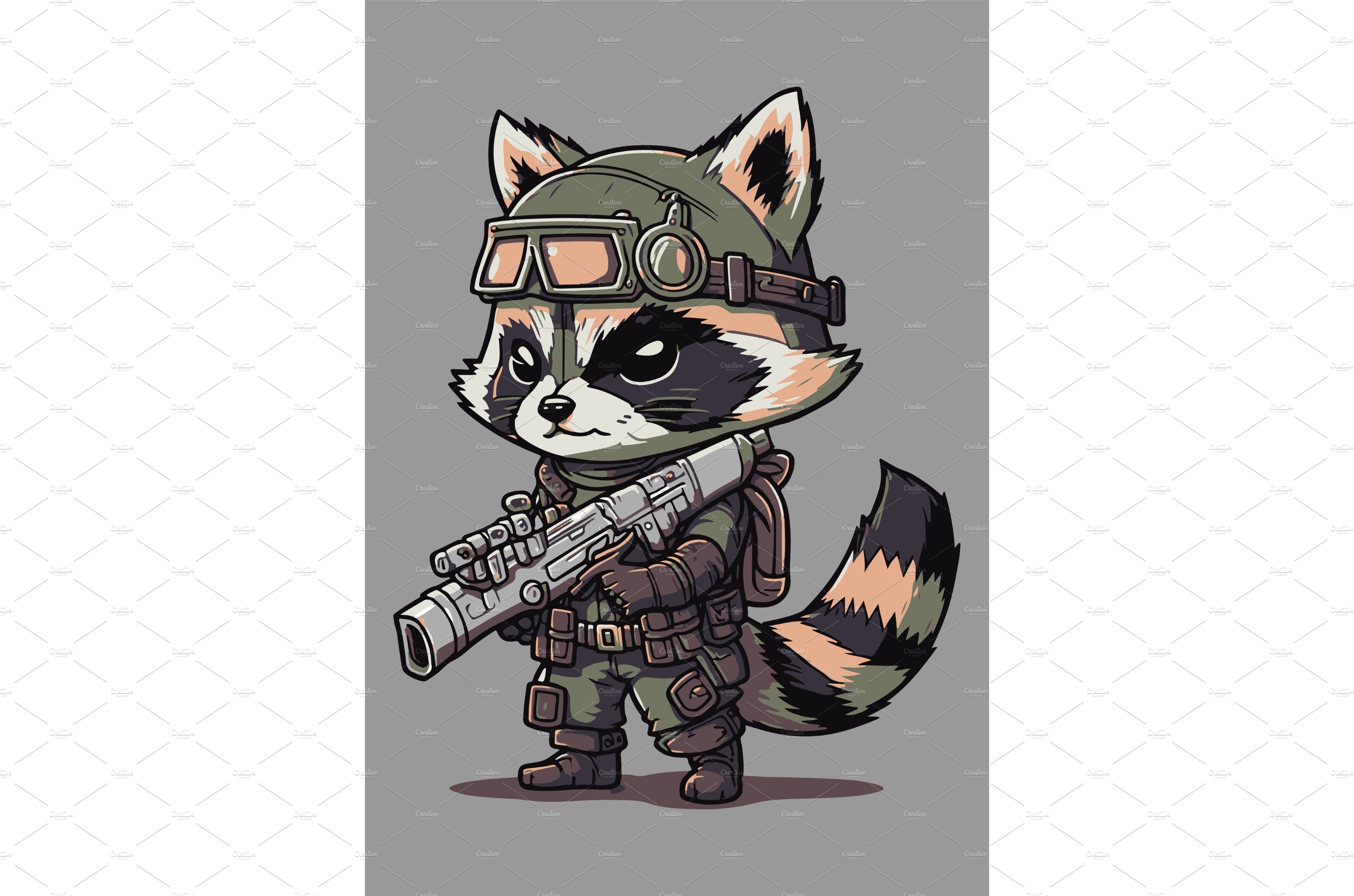 Angry wild raccoon with gun vector cover image.