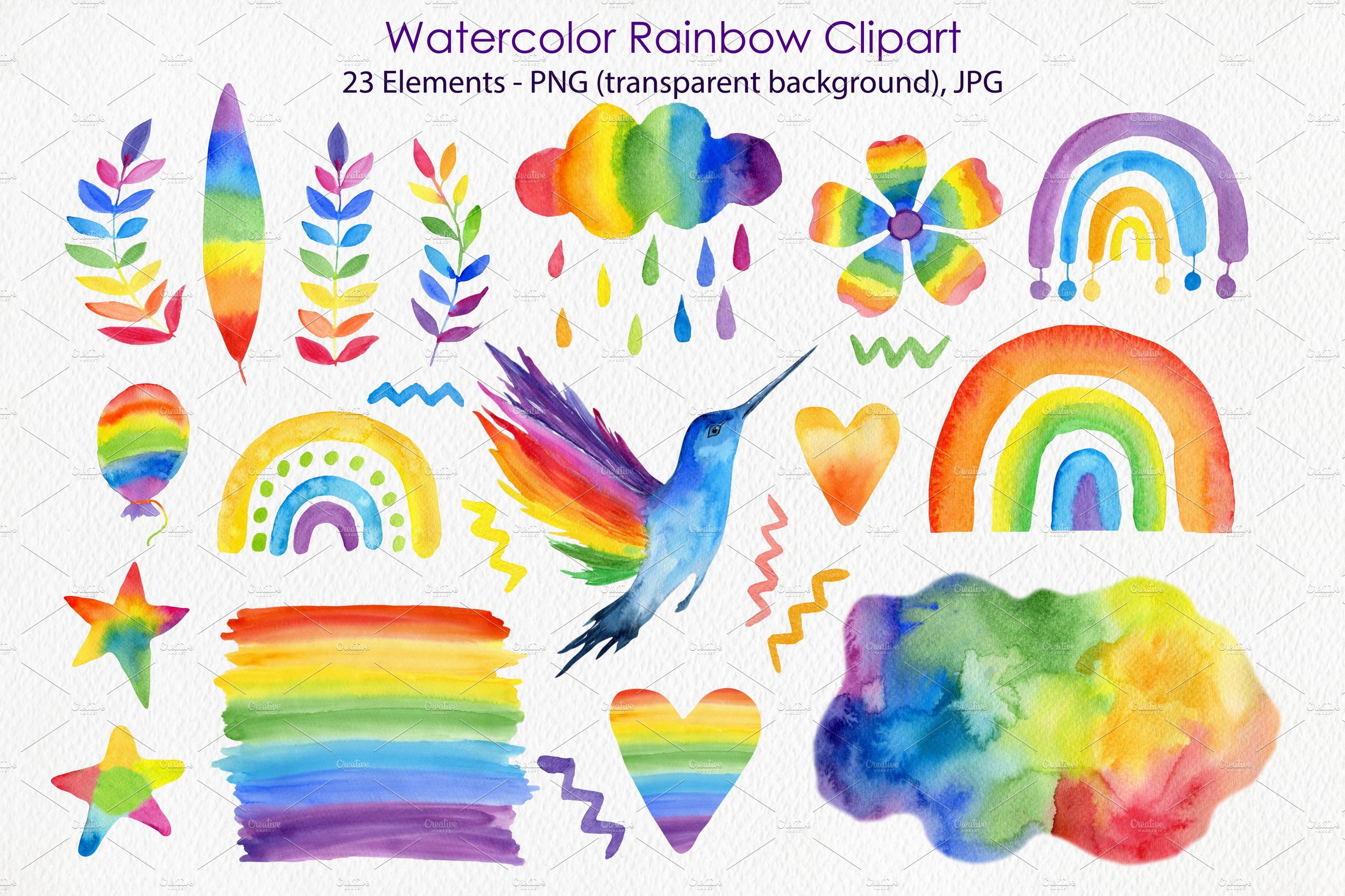 Watercolor Rainbow Clipart & Pattern preview image.