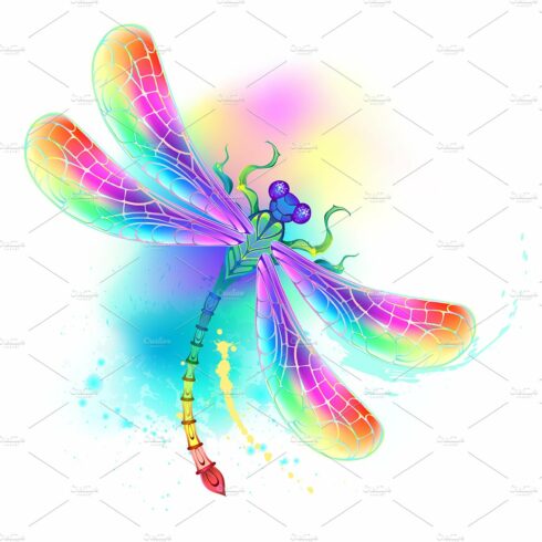 Rainbow dragonfly on watercolor cover image.