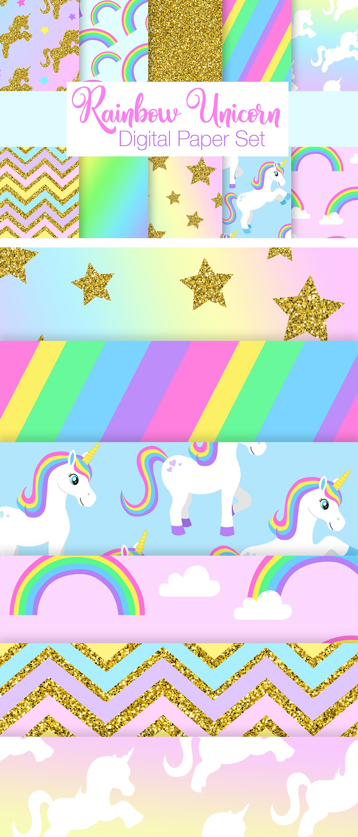 Rainbow Unicorn Digital Papers preview image.