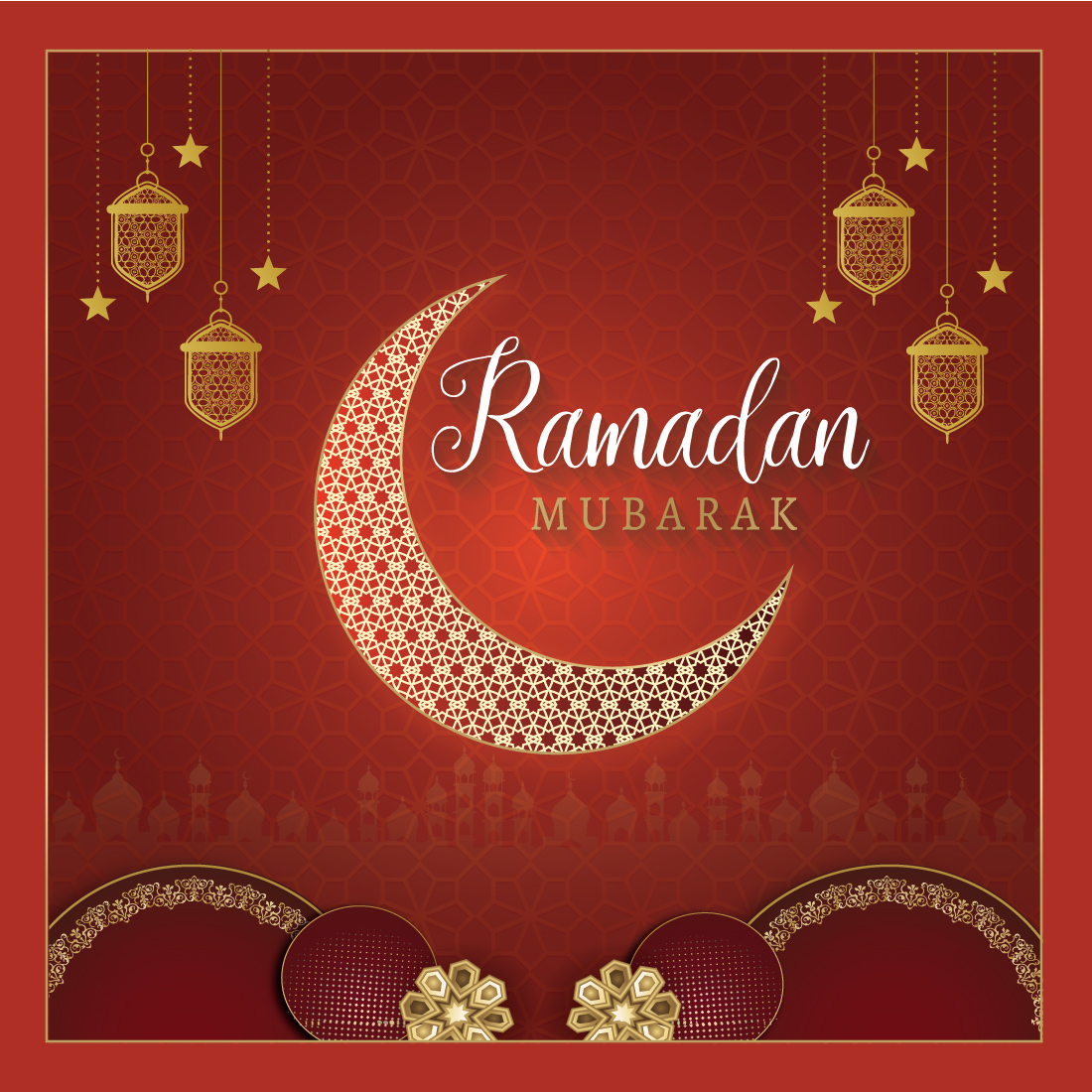 Rama mubarak greeting card with hanging lanterns and a crescent.