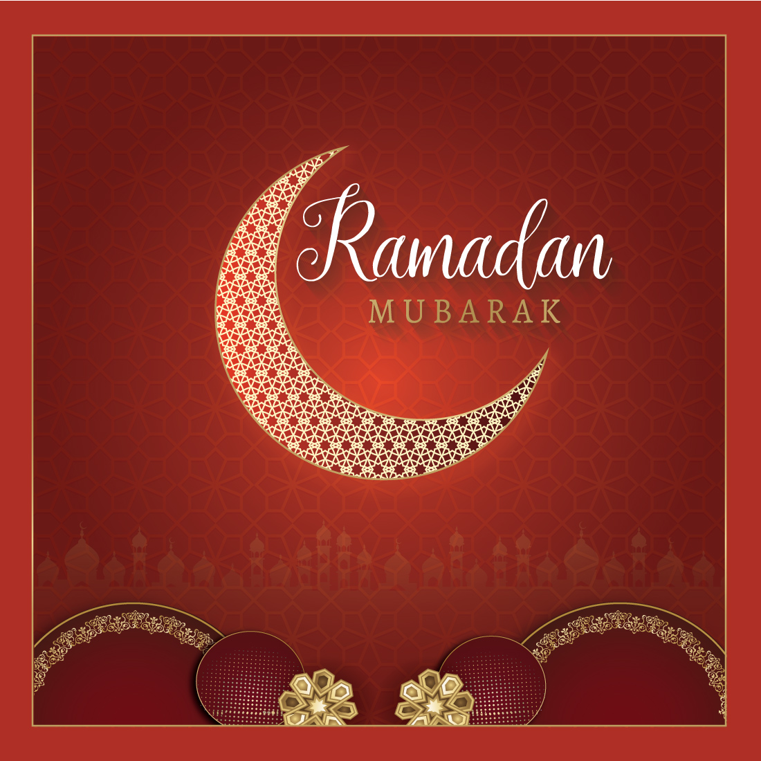 Rama mubarak greeting card with a crescent and a bow.