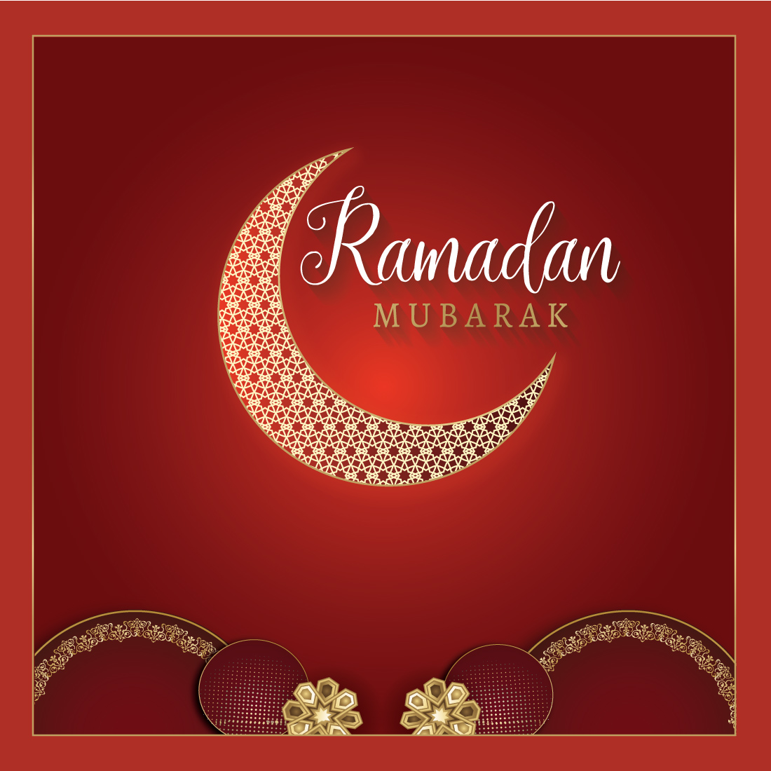 Rama mubarak greeting card with a crescent on a red background.