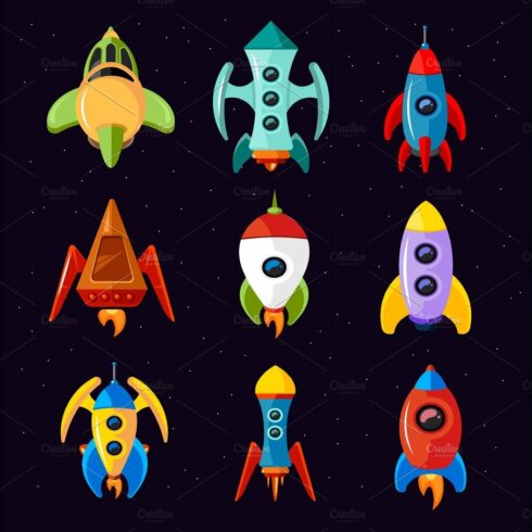 Cartoon spaceships, rocket and futuristic spacecraft vector set cover image.