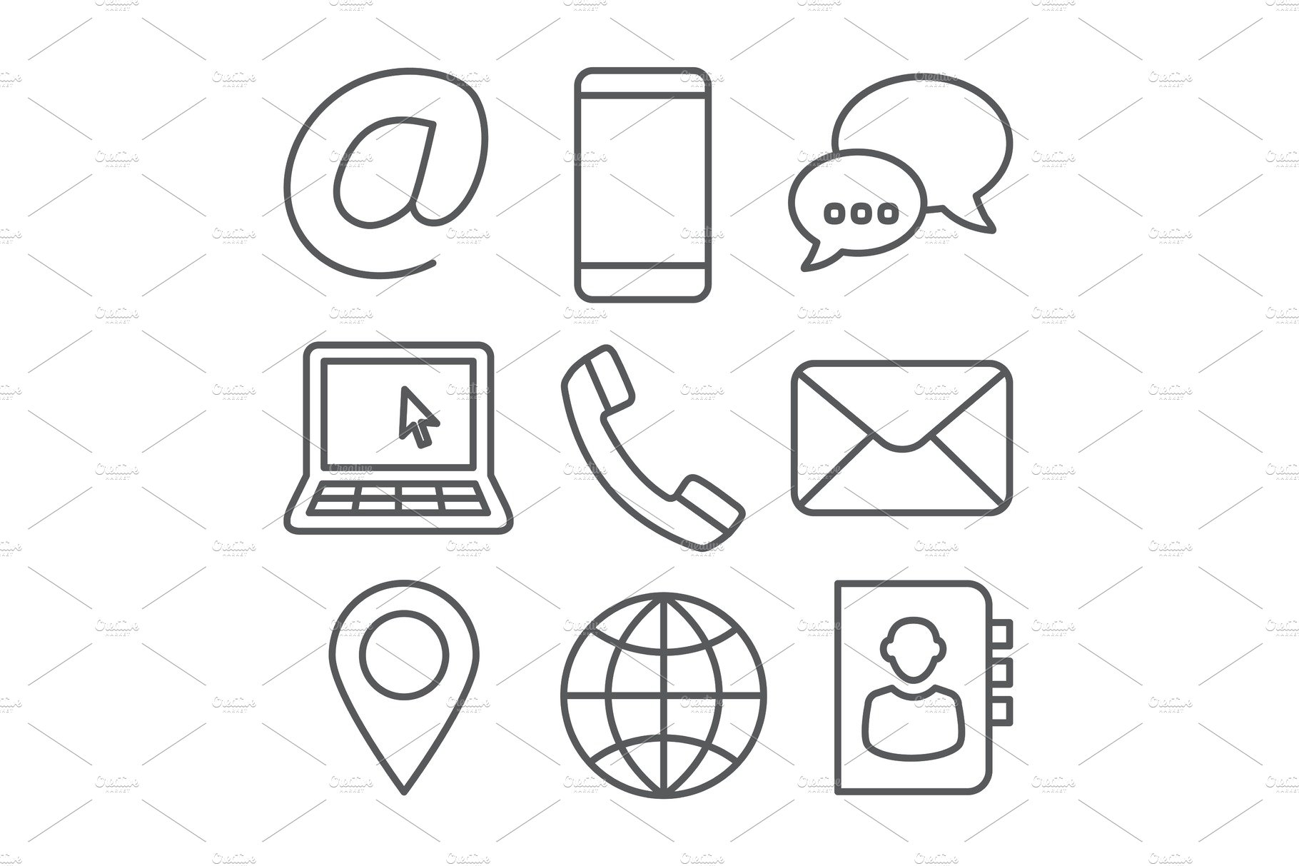 Contact line icons on white cover image.