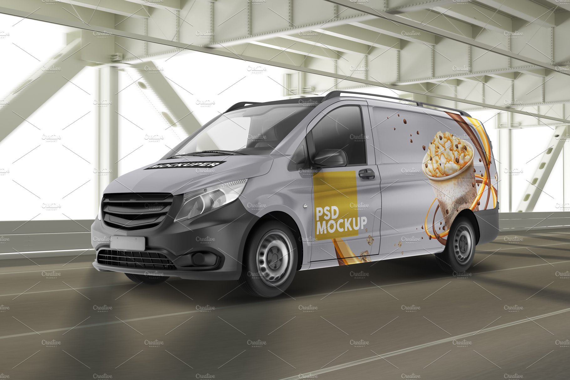 realistic panel van vehicle on the bridge exterior psd mockup 156