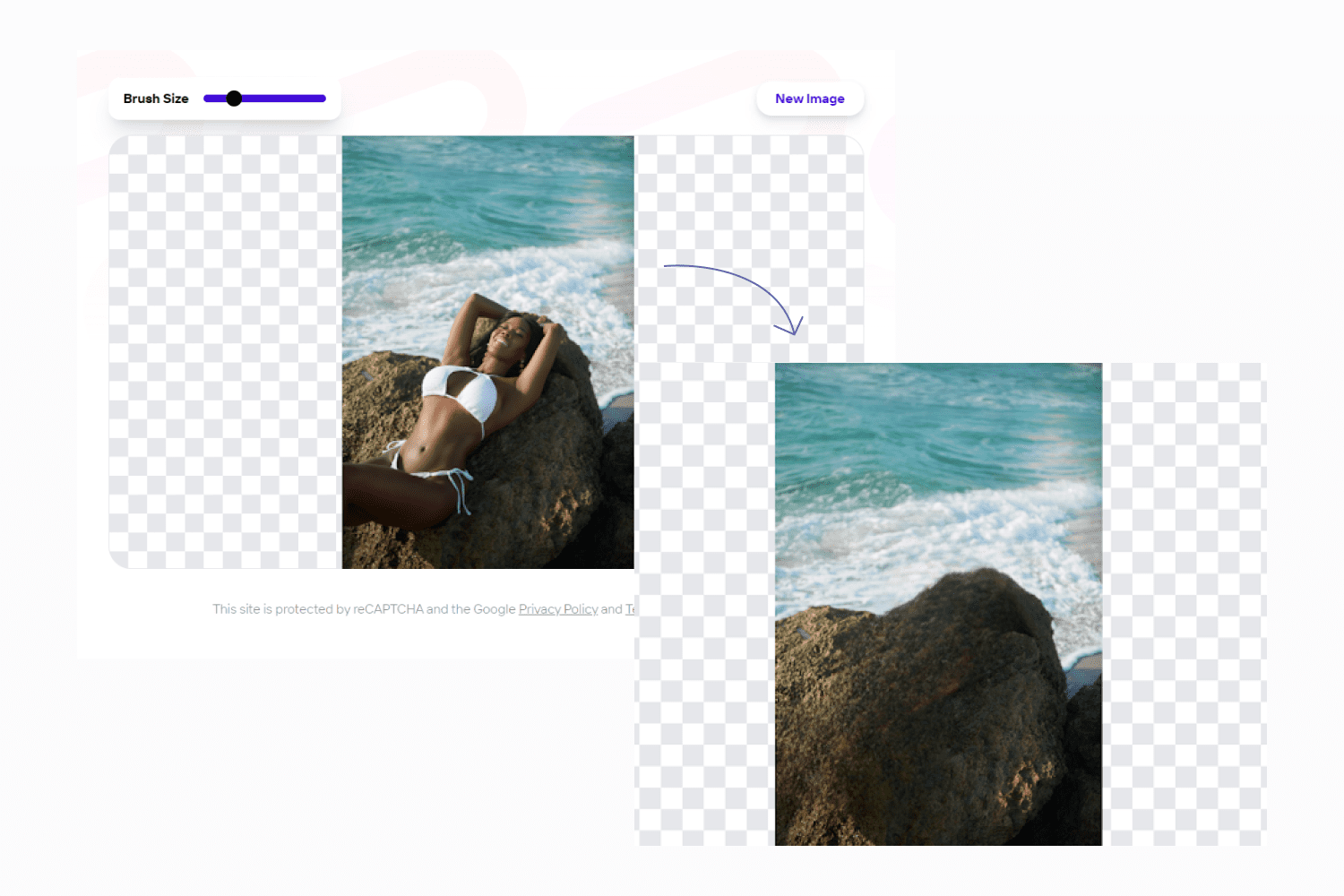 Screenshot of the Photoroom site with a photo of a girl on a stone and a stone without a girl.