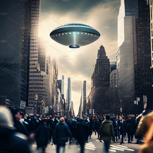 Alien invasion UFO panic among people. Flying saucer in the city cover image.
