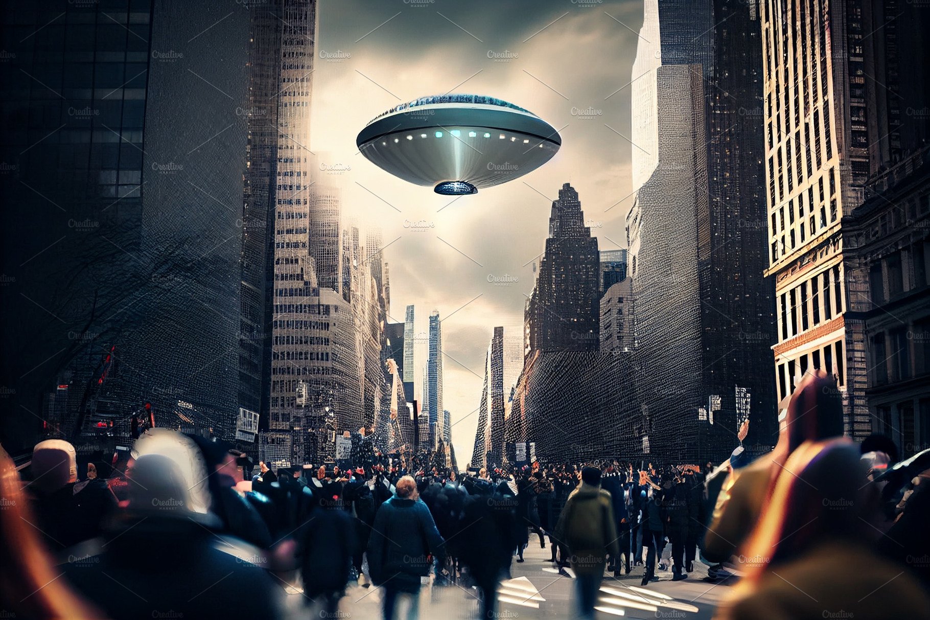 Alien invasion UFO panic among people. Flying saucer in the city cover image.