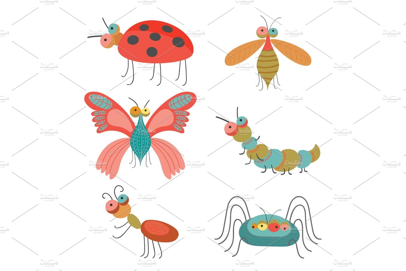Set of funny colorful bugs on vector illustration cover image.