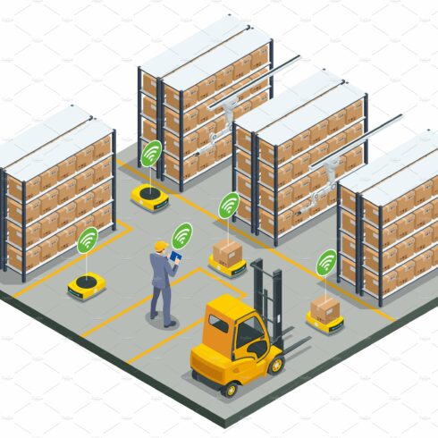 Isometric automated warehouse robots cover image.