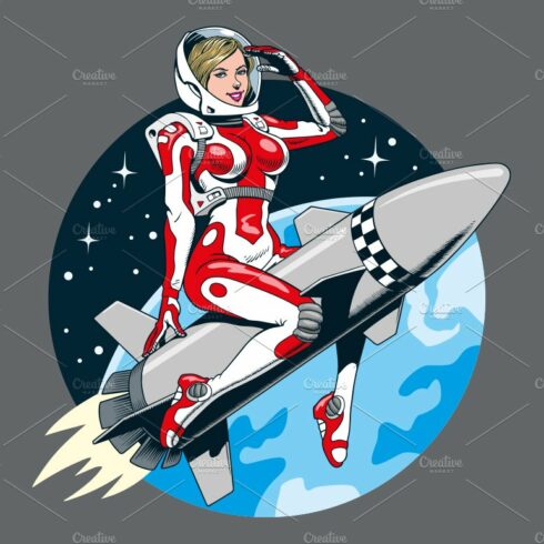 Astronaut woman riding a missile cover image.