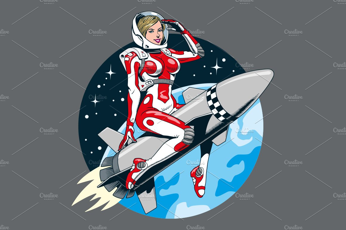 Astronaut woman riding a missile cover image.