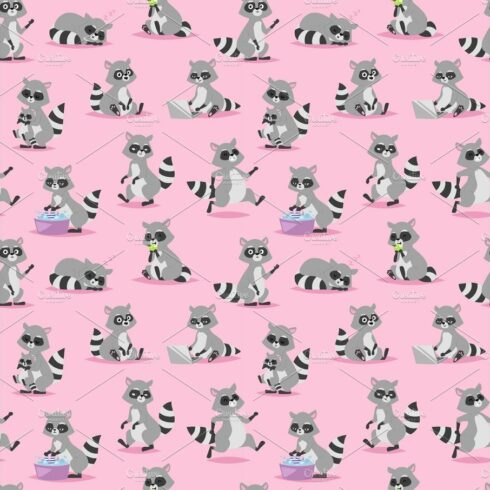 Cartoon raccoon vector illustration seamless pattern cover image.