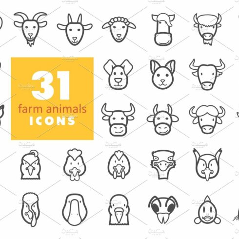 Farm animals outline icons set. Vector head cover image.
