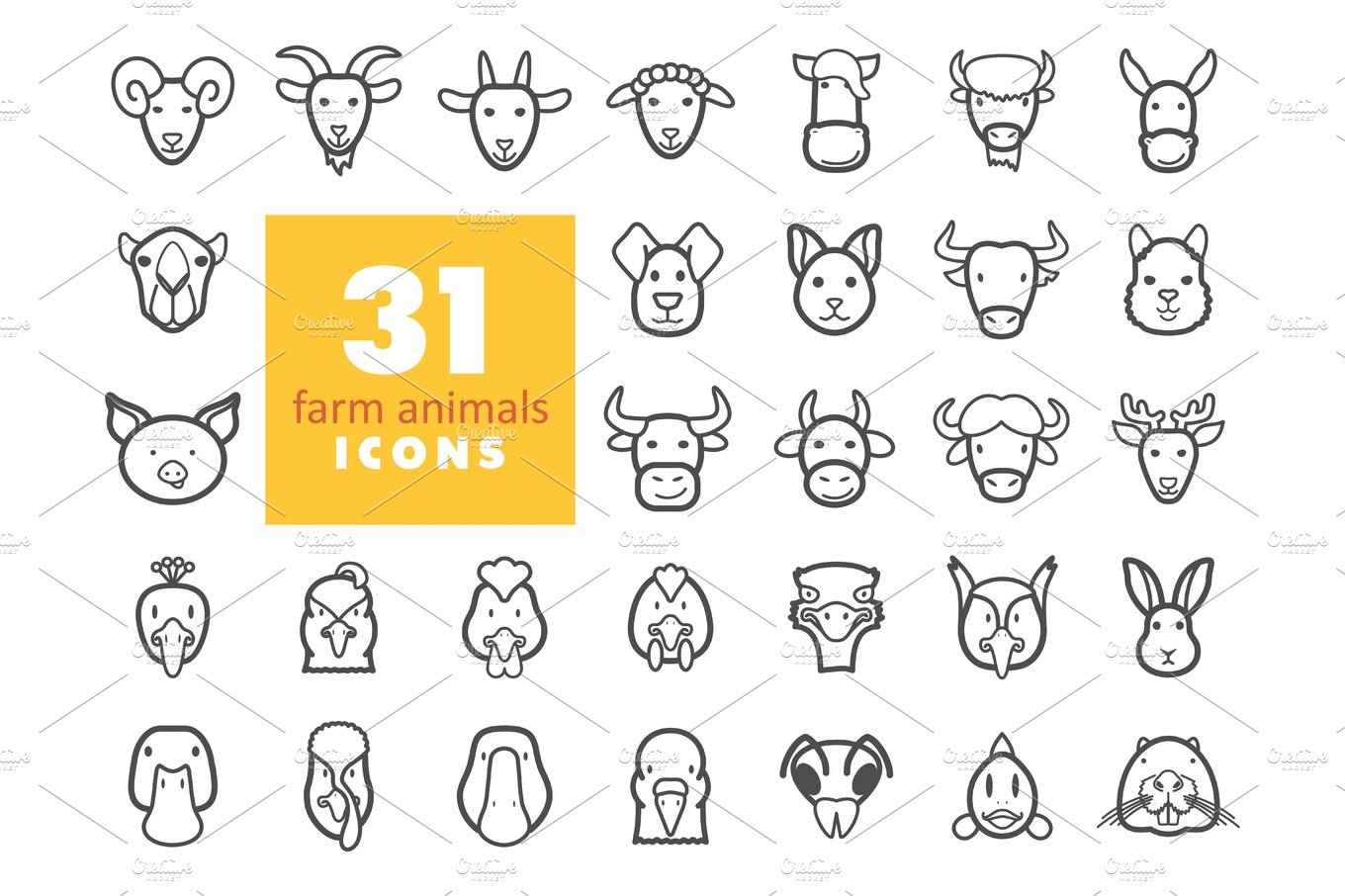 Farm animals outline icons set. Vector head cover image.
