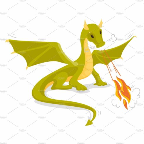 Green magical dragon breathing fire. cover image.