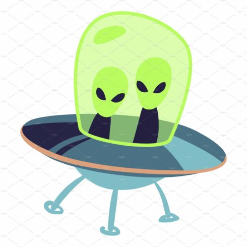Green alien in flying saucer. Ufo cover image.