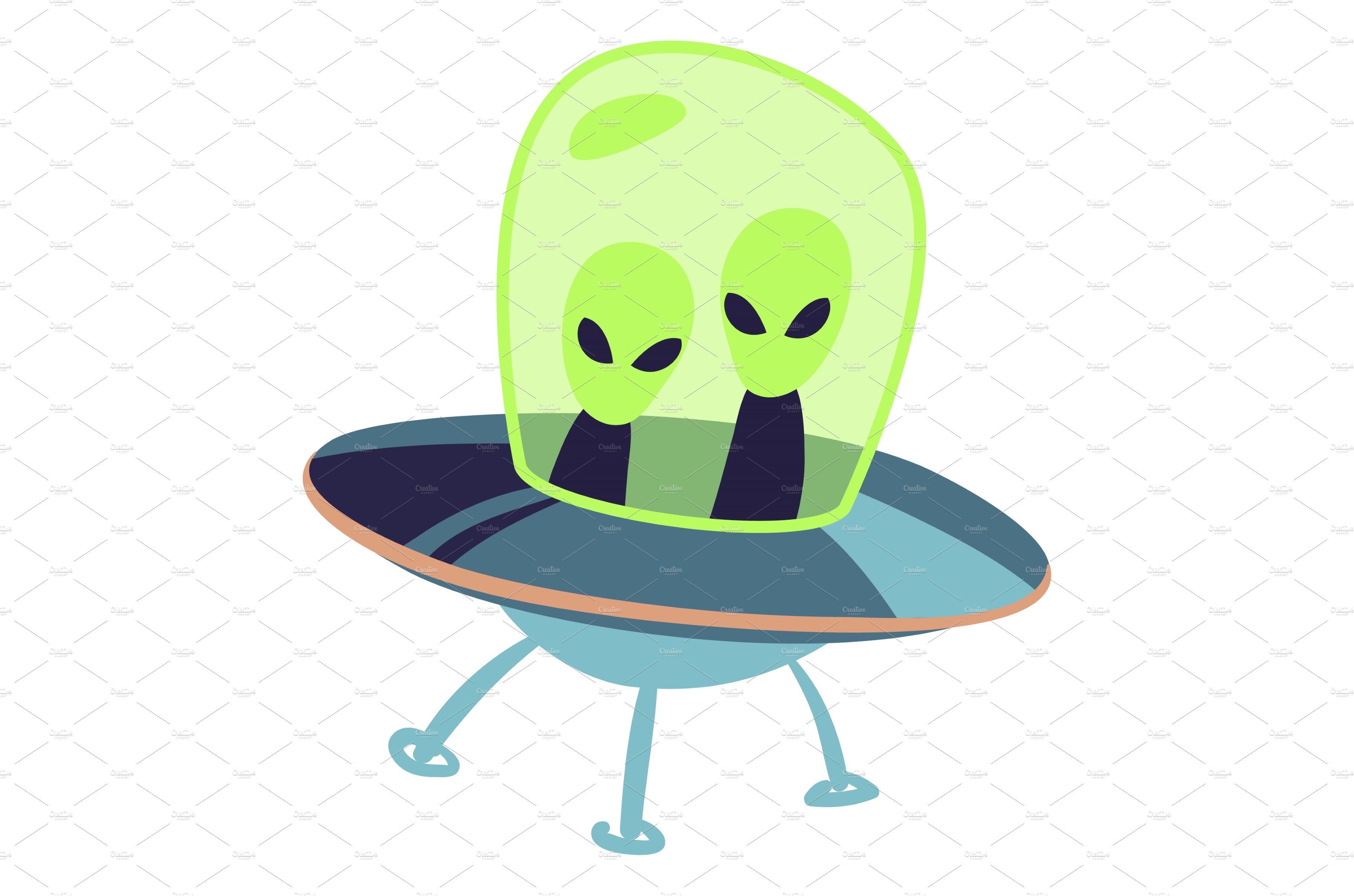 Green alien in flying saucer. Ufo cover image.