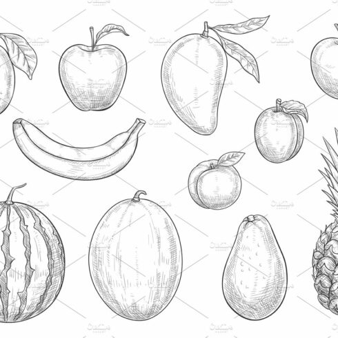 Fresh exotic fruits sketch vector isolated icons cover image.