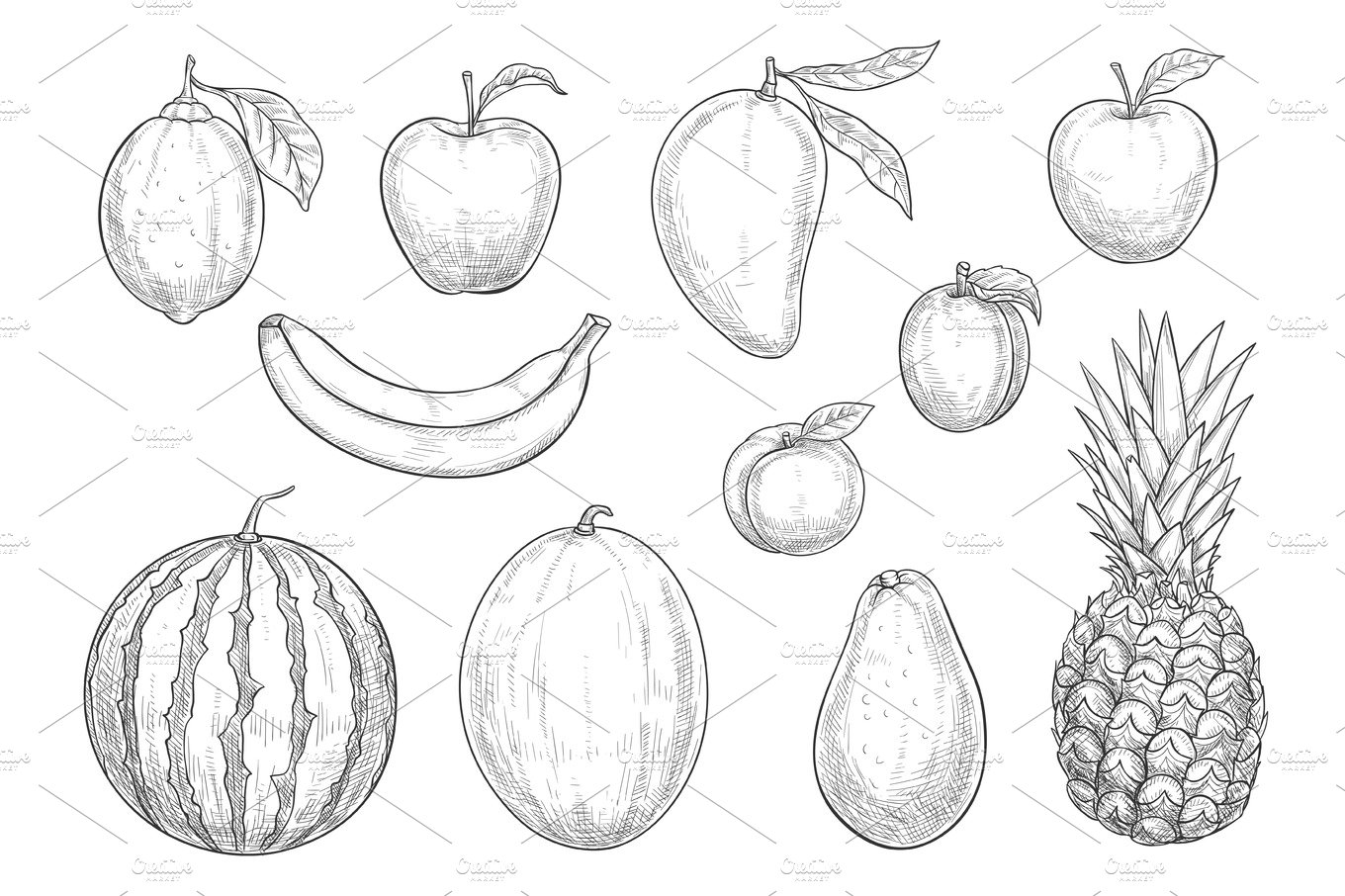Fresh exotic fruits sketch vector isolated icons cover image.