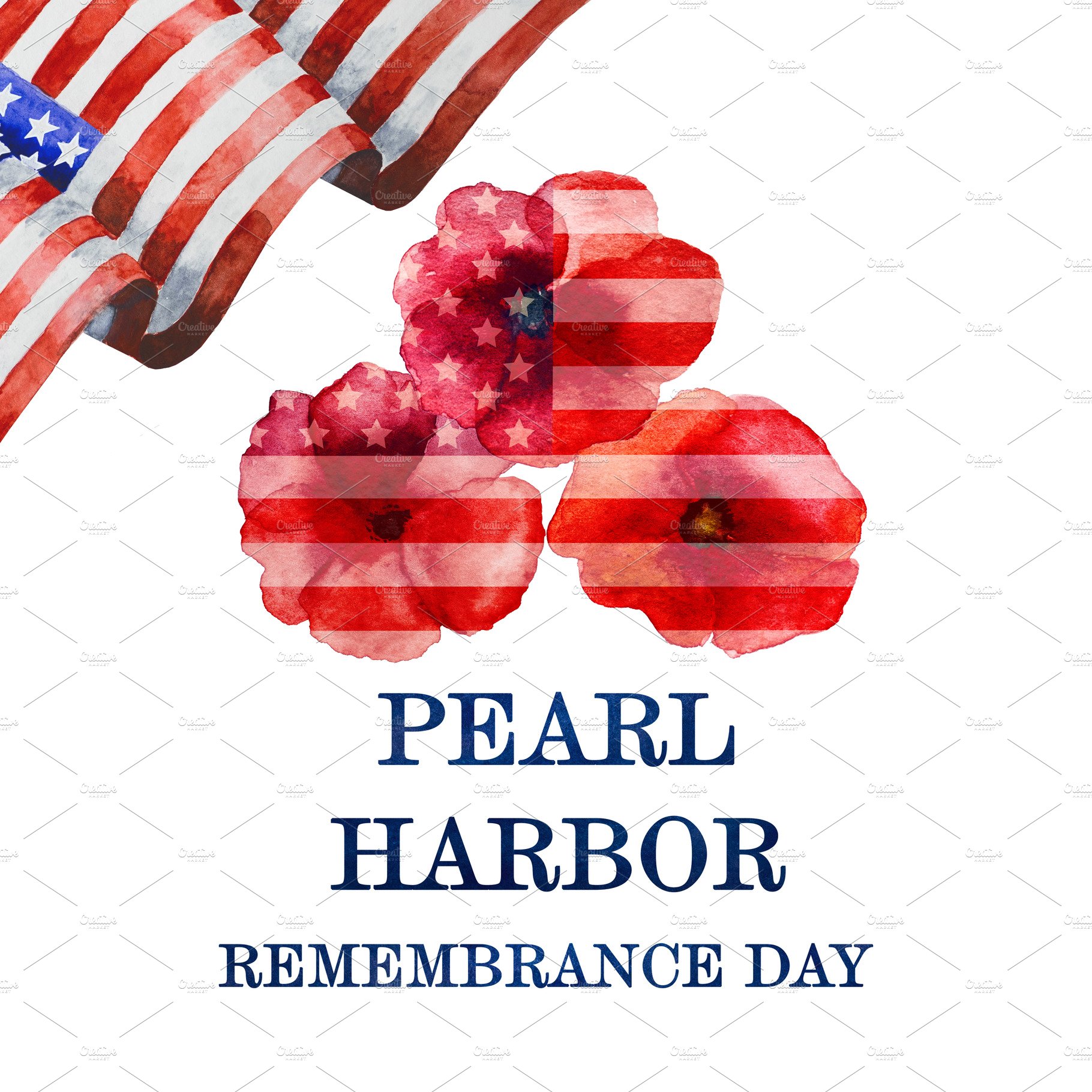 Pearl Harbor Remembrance Day. Greeting inscription. National holiday cover image.