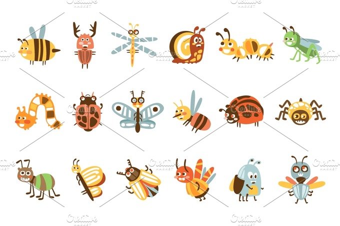 Funky Bugs And Insects Set Of Small Animals With Smiling Faces And Stylized... cover image.