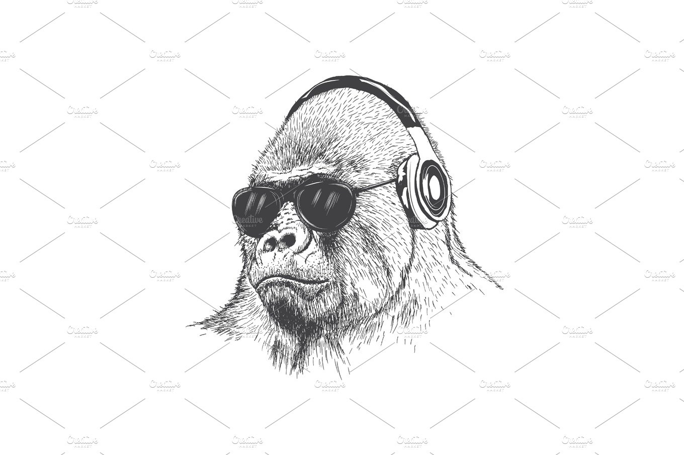 Monkey music fan hand drawn vector cover image.