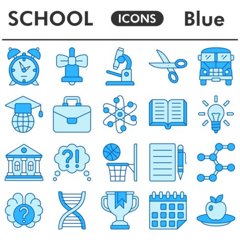 School icons set, blue style cover image.