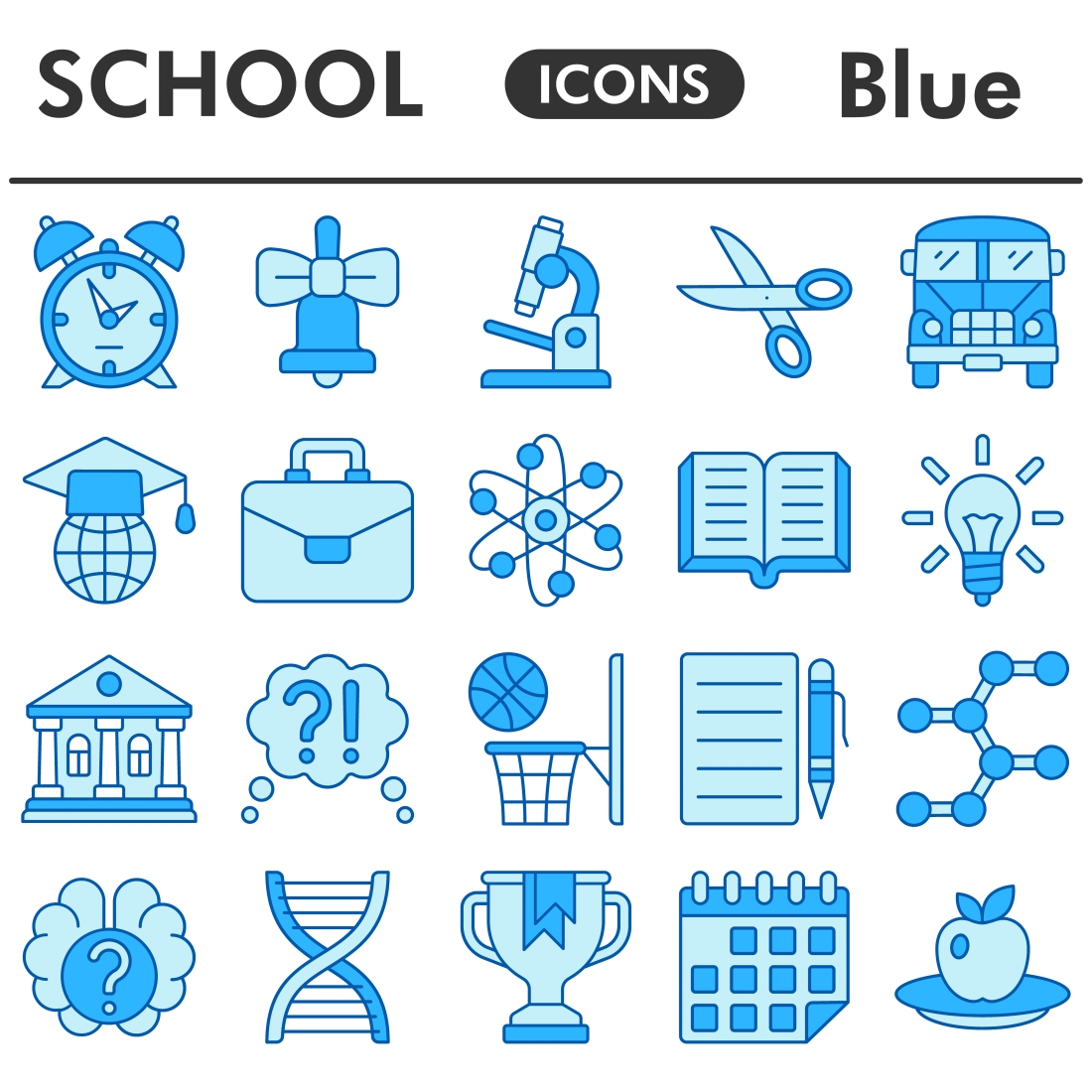 School icons set, blue style cover image.